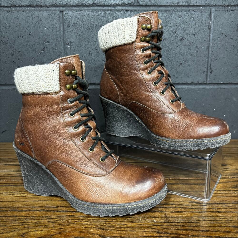 BOC Born Brown Leather Wedge Ankle Boots Knit Cuff Lace Up Women’s 8.5